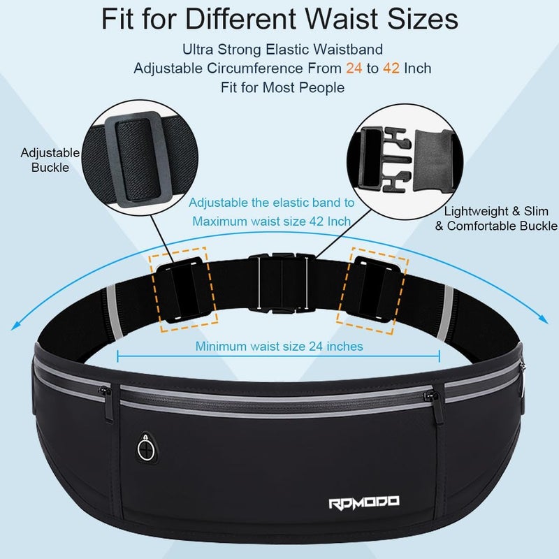 RDMODO Slim Running Belt，Water Resistant Fanny Pack for Women Men，3 Pocket Phone Holder for Running Walking Cycling，Adjustable Reflective Running Waist Bag for iPhone 16 15 14 13 Pro Max Samsung Black - Image 2